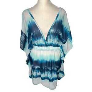 Miken Swim Cover Up Dress Lightweight Blue Tie Dye Caftan Kimono Sleeve M